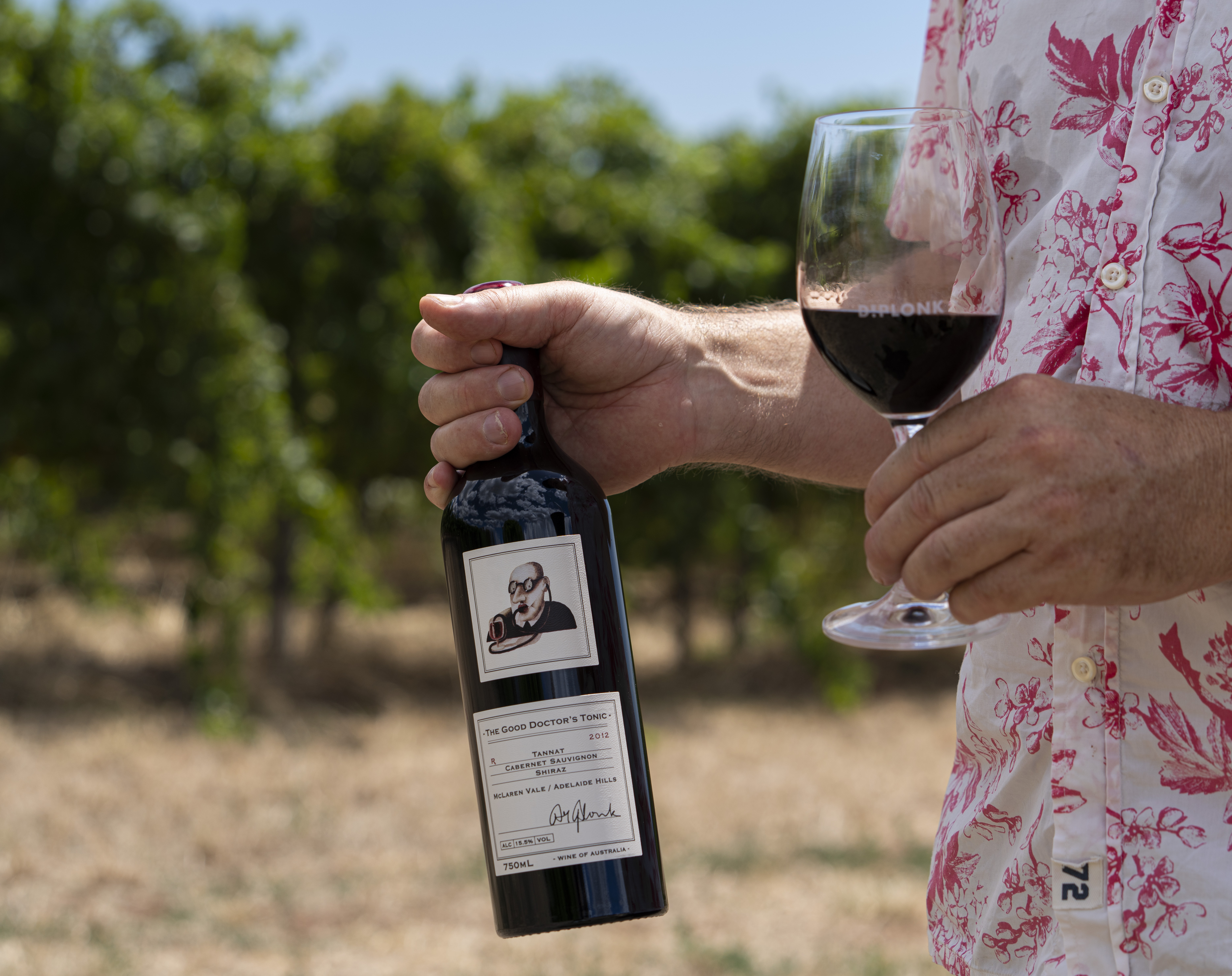 A man in the vineyard holding a wine bottle and wine glass 